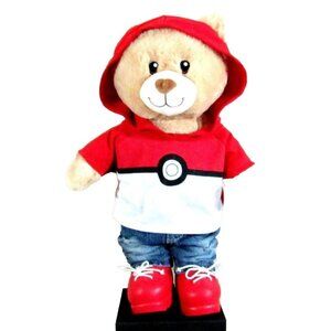 Build A Bear Plush BABW Brown Teddy Bear Pokemon Red Pokeball Hoodie Out…